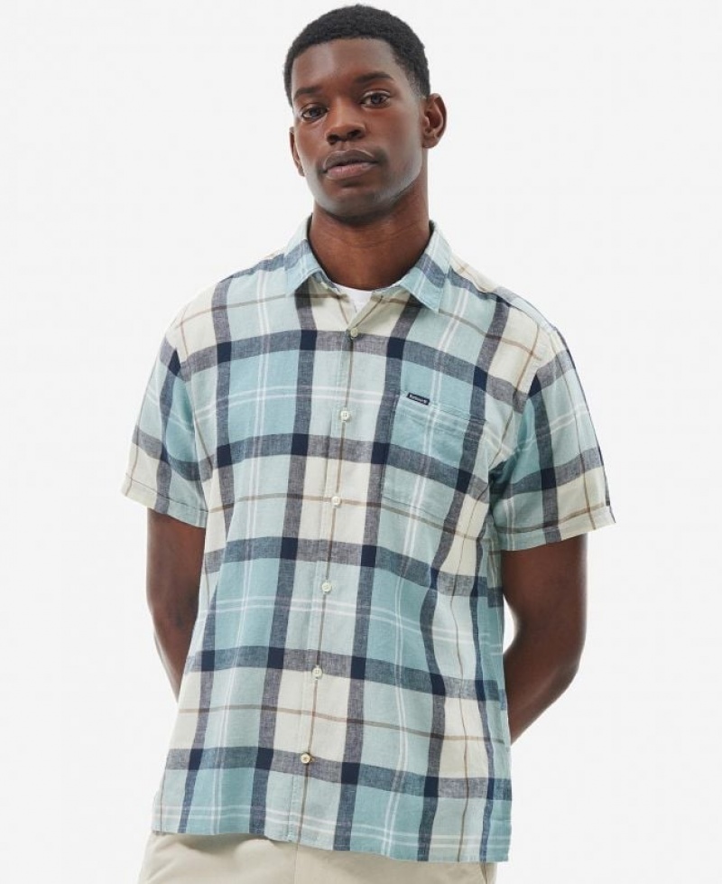 Light Turquoise / White Men Barbour Croft Short Sleeve Summer Shirts | US-4167ISQFR