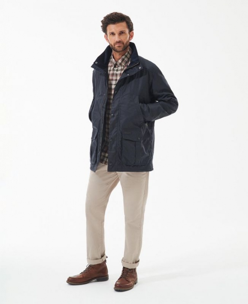 Navy Men Barbour Brockstone Waxed Jacket | US-7986MVKFJ