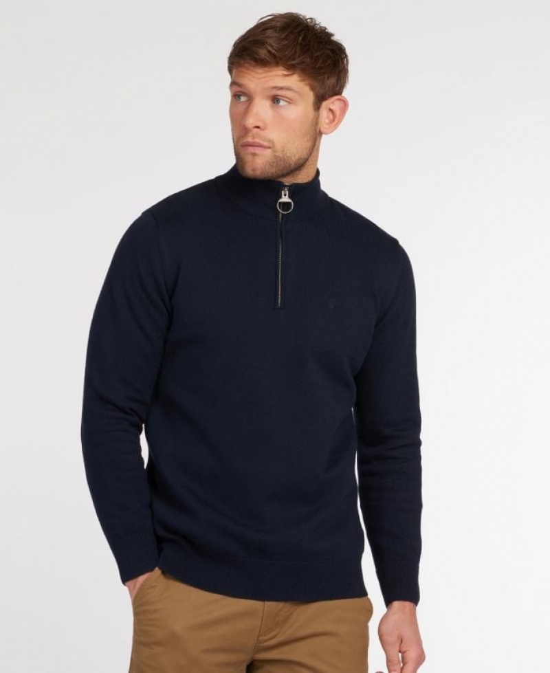 Navy Men Barbour Cotton Half Zip Sweater | US-8503AWKYH