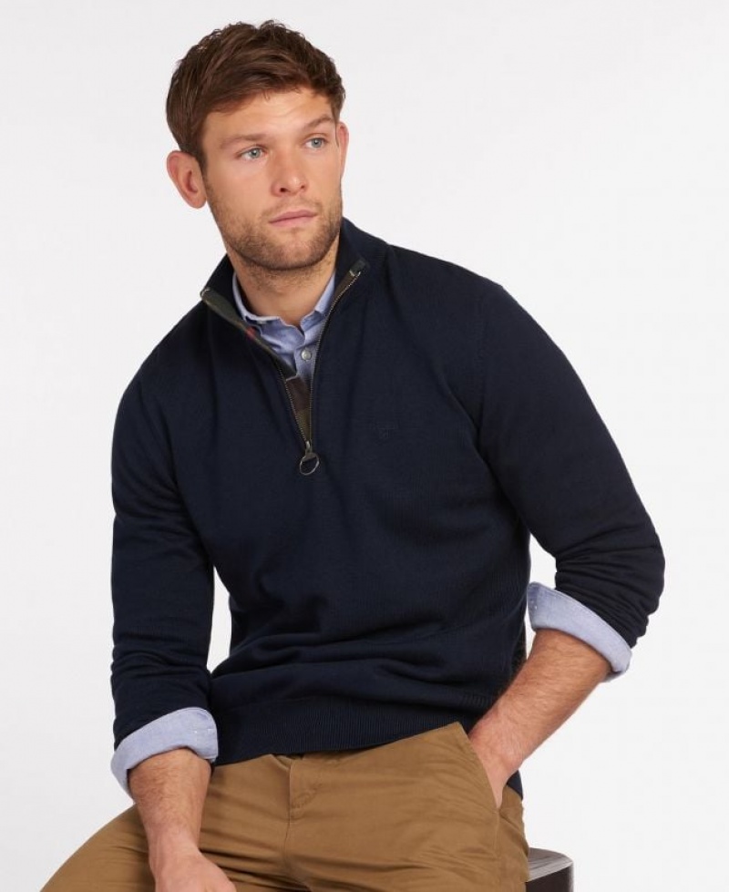 Navy Men Barbour Cotton Half Zip Sweater | US-8503AWKYH