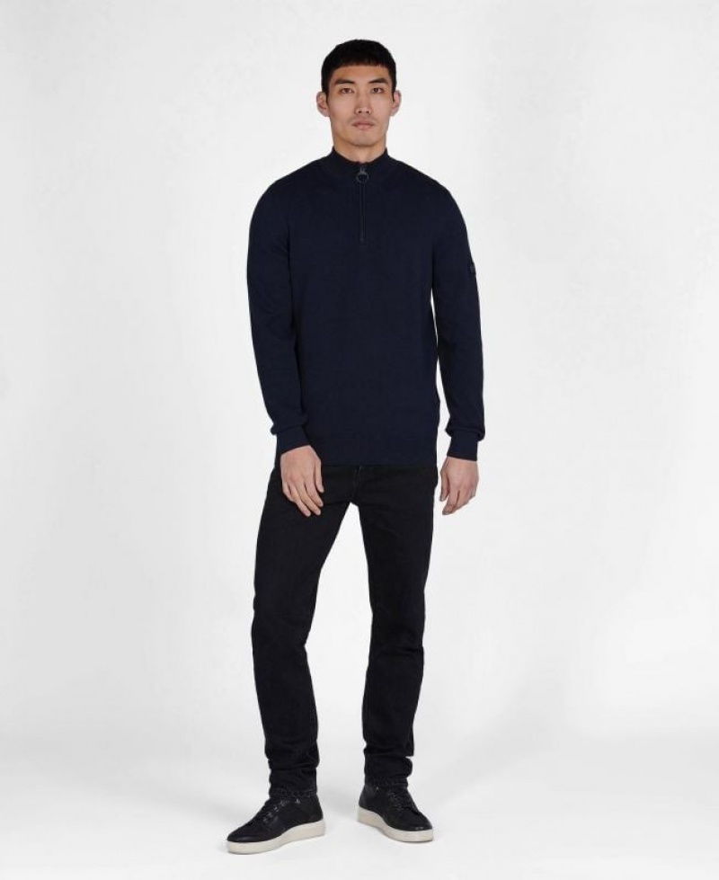 Navy Men Barbour International Cotton Half Zip Sweater | US-9482GTVXO