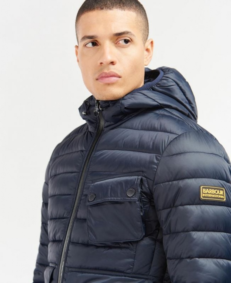 Navy Men Barbour International Racer Ouston Hooded Quilted Jacket | US-9108RBNUV