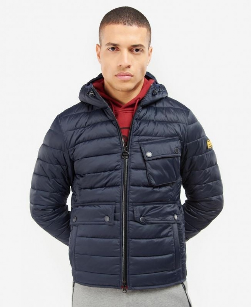 Navy Men Barbour International Racer Ouston Hooded Quilted Jacket | US-9108RBNUV