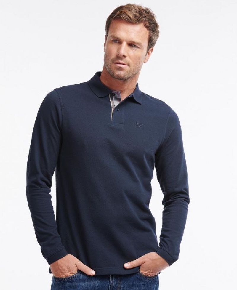 Navy Men Barbour Long-Sleeved Sports Polo Shirt | US-8795RVZGC