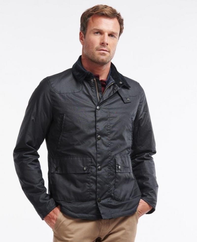 Navy Men Barbour Reelin Cotton Waxed Jacket | US-2081OMVPT