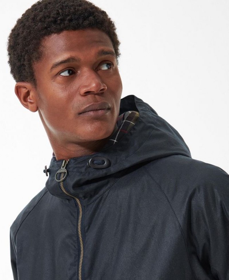 Navy Men Barbour Short Hooded Bedale Waxed Jacket | US-5164HPBRA