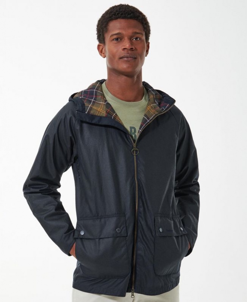 Navy Men Barbour Short Hooded Bedale Waxed Jacket | US-5164HPBRA