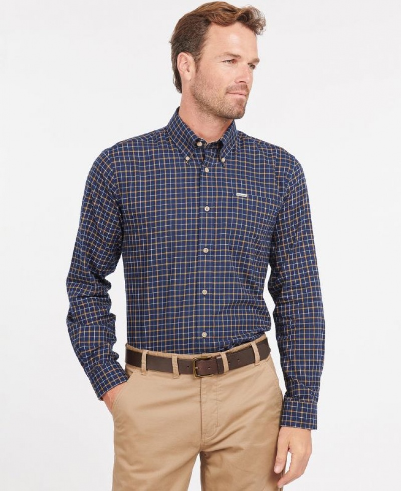 Navy / Brown Men Barbour Bank Shirts | US-7803MTJPK