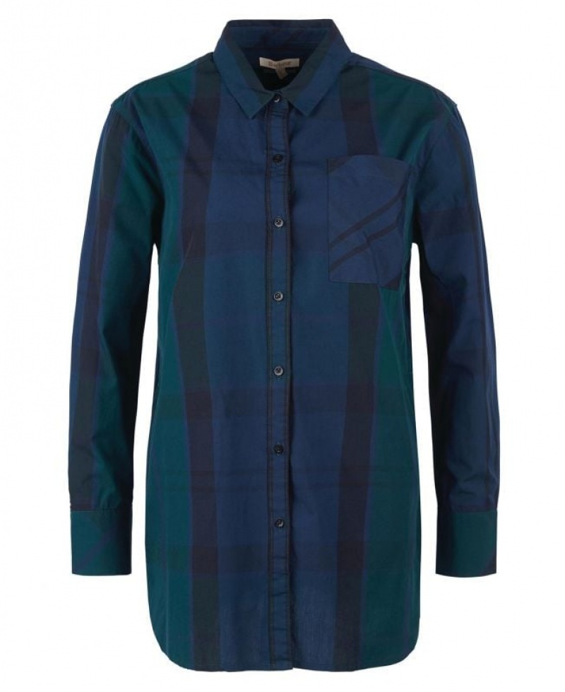 Navy / Green Women Barbour Perthshire Shirts | US-9165VZCID