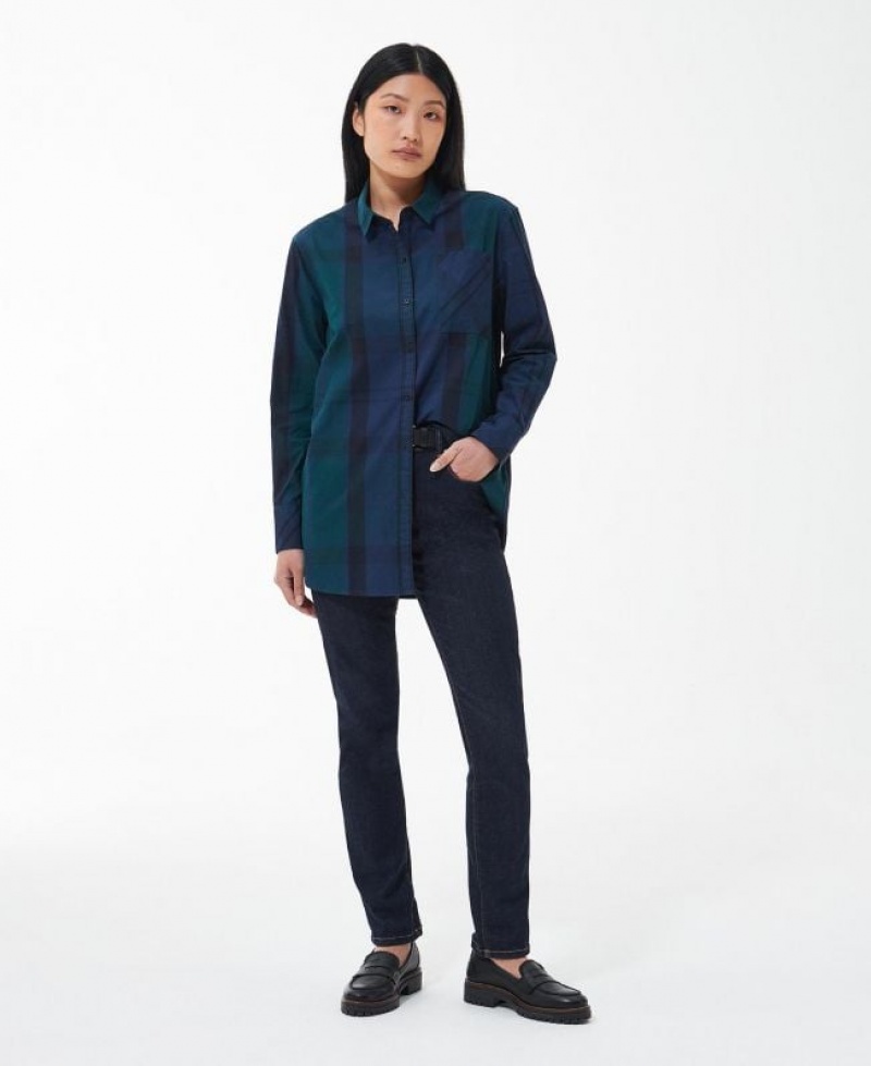 Navy / Green Women Barbour Perthshire Shirts | US-9165VZCID