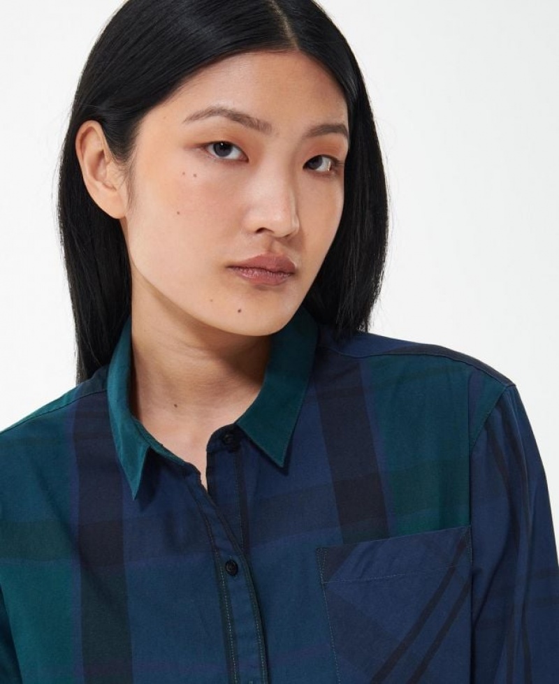 Navy / Green Women Barbour Perthshire Shirts | US-9165VZCID