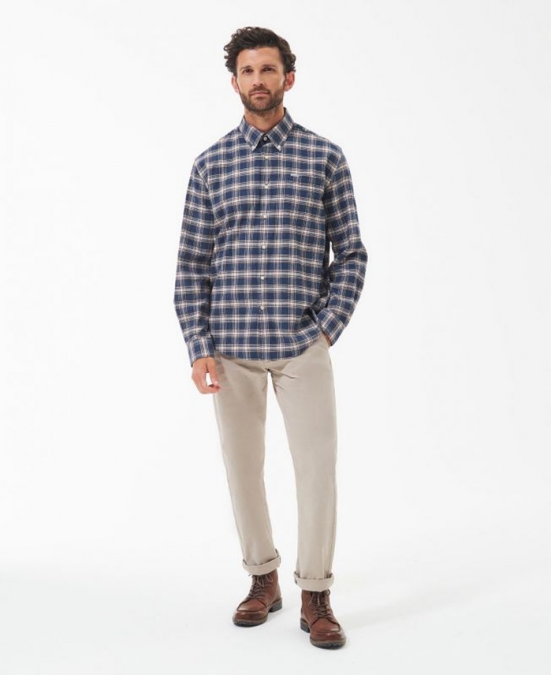 Navy / Grey Men Barbour Bowburn Regular Shirts | US-6437LKFIV