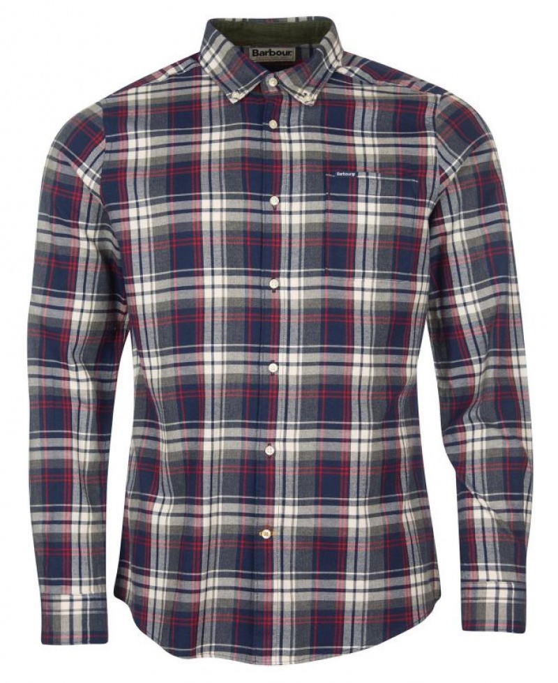 Navy / Red / Grey Men Barbour Crossfell Tailored Shirts | US-8490JEIHN