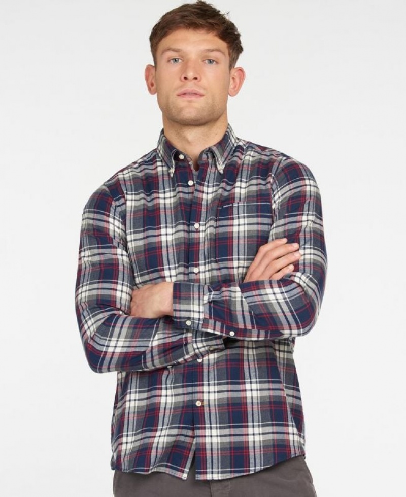 Navy / Red / Grey Men Barbour Crossfell Tailored Shirts | US-8490JEIHN