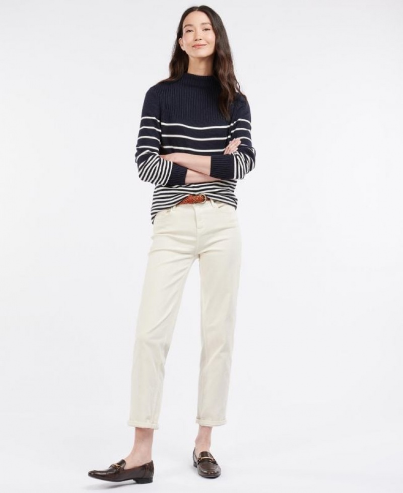 Navy / White Women Barbour Stripe Guernsey Knit Sweater | US-2941ZXRUH