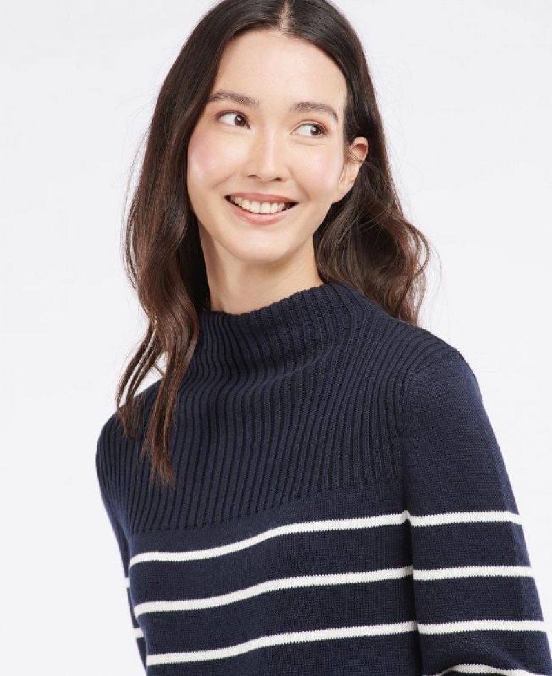 Navy / White Women Barbour Stripe Guernsey Knit Sweater | US-2941ZXRUH