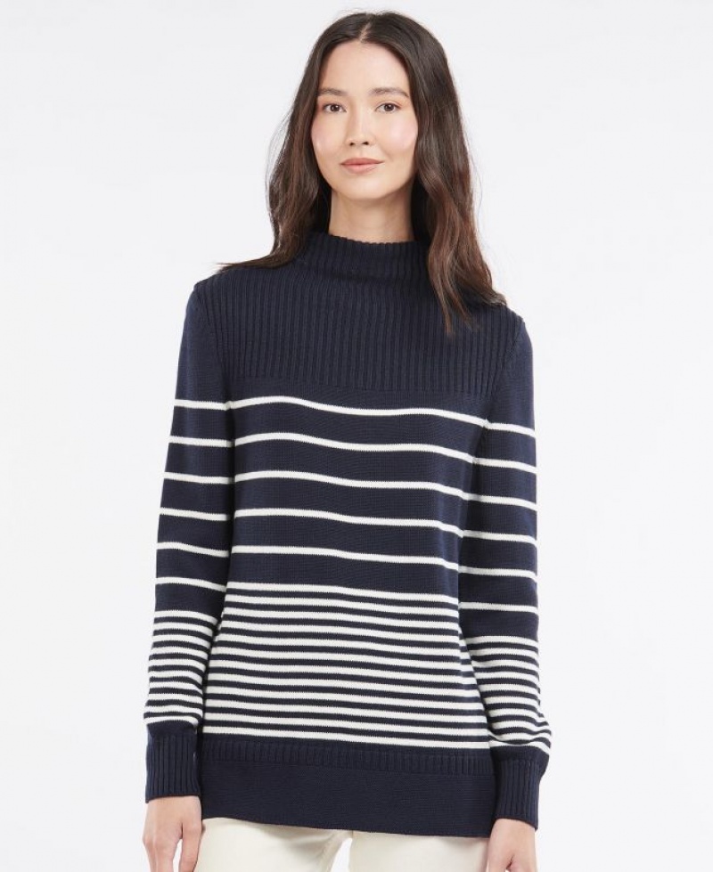 Navy / White Women Barbour Stripe Guernsey Knit Sweater | US-2941ZXRUH