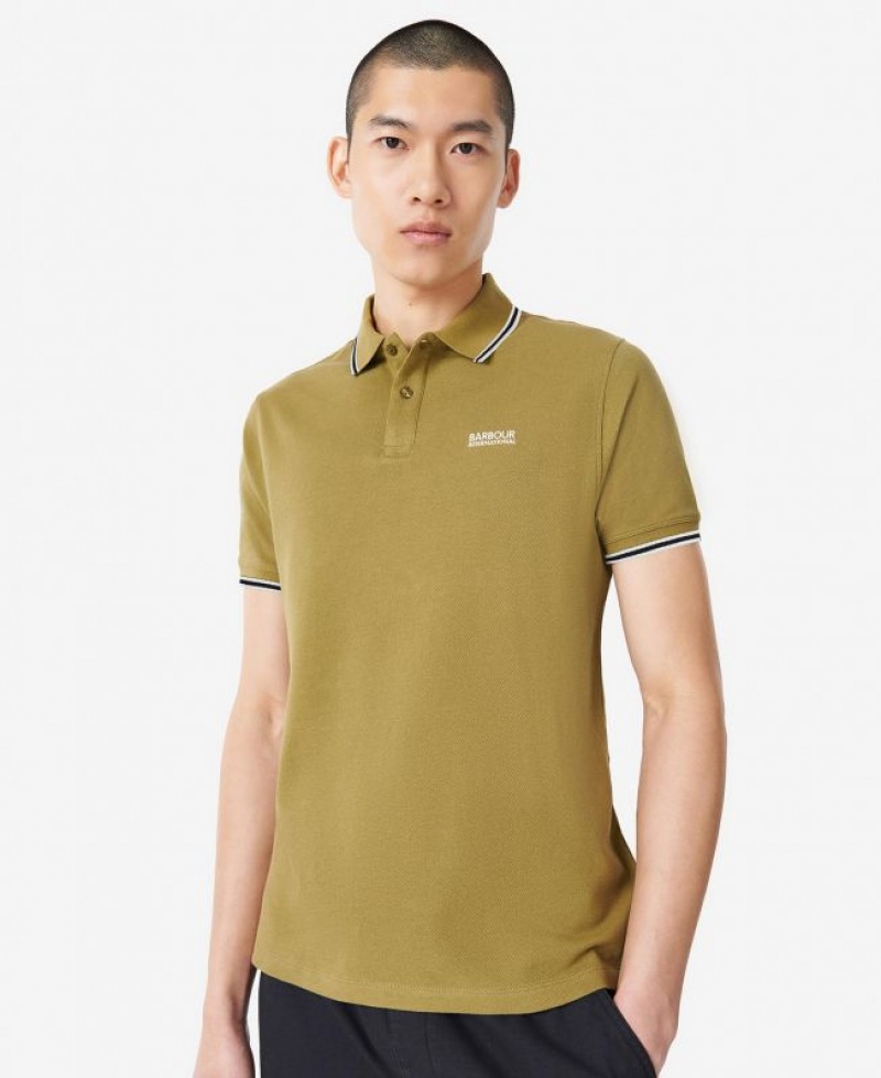 Olive Men Barbour International Rider Tipped Polo Shirt | US-2471HLIUA