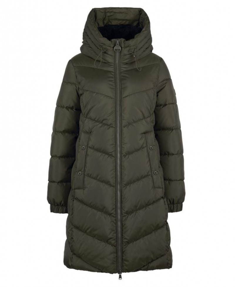 Olive Women Barbour International Boston Longline Quilted Jacket | US-5096GBSTJ