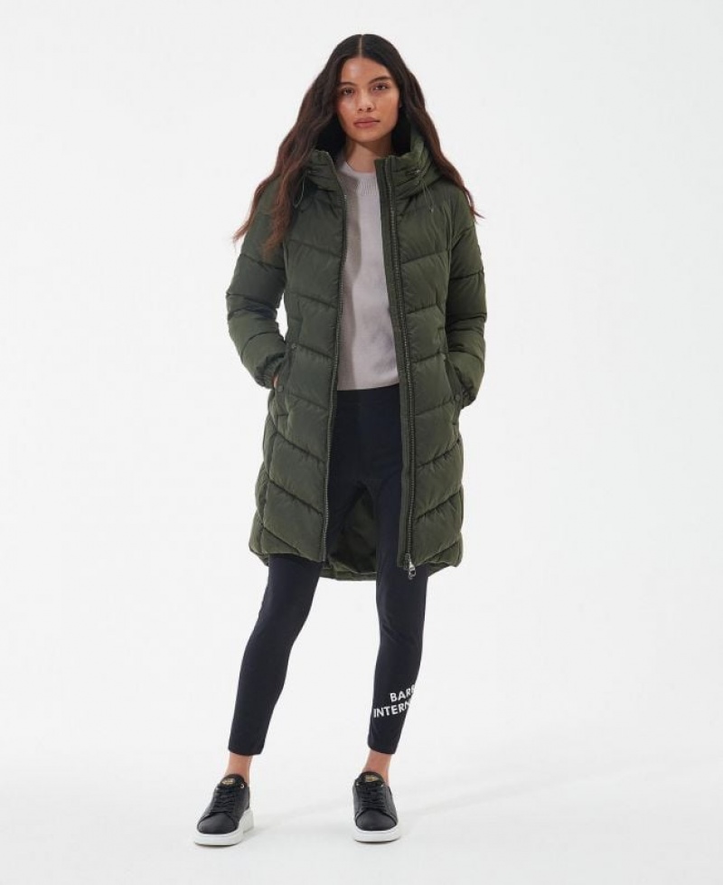 Olive Women Barbour International Boston Longline Quilted Jacket | US-5096GBSTJ