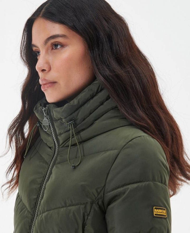 Olive Women Barbour International Boston Longline Quilted Jacket | US-5096GBSTJ