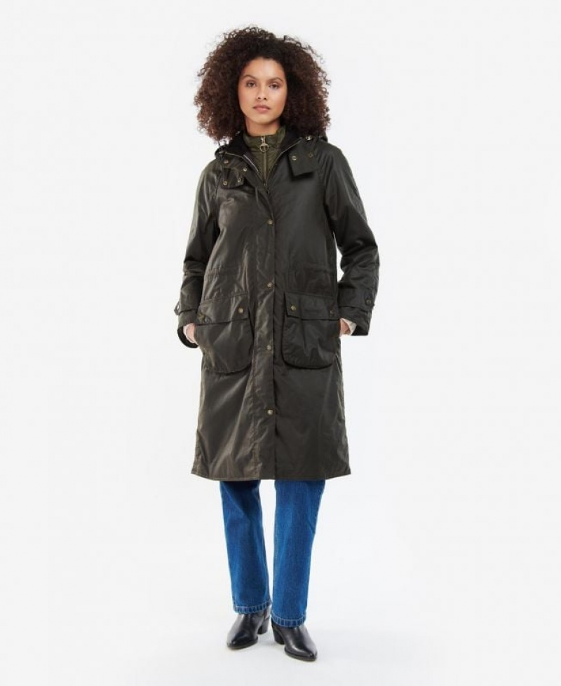 Olive Women Barbour Long Cannich Waxed Jacket | US-3147KBVHQ