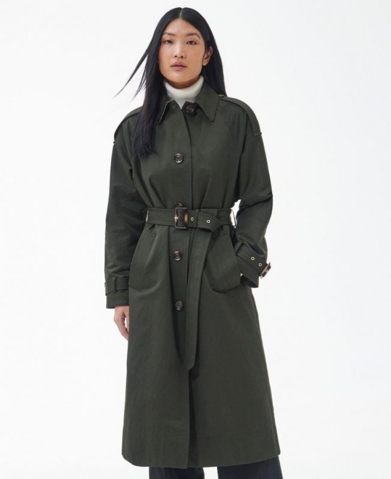 Olive Women Barbour Marie Showerproof Trench Coat | US-0827YMCOP