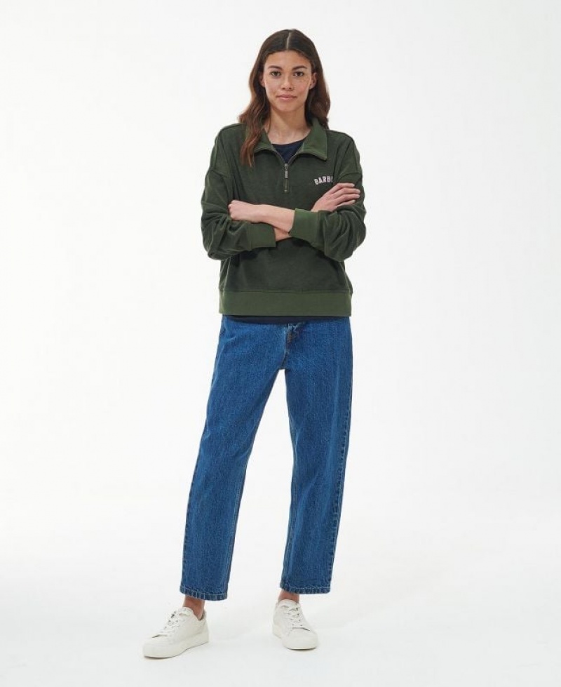 Olive Women Barbour Peak Quarter Zip Sweatshirt | US-7238KGEAU