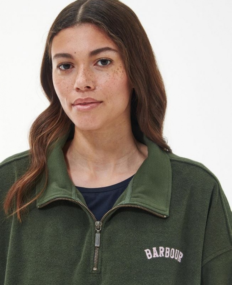 Olive Women Barbour Peak Quarter Zip Sweatshirt | US-7238KGEAU