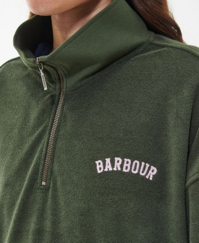 Olive Women Barbour Peak Quarter Zip Sweatshirt | US-7238KGEAU