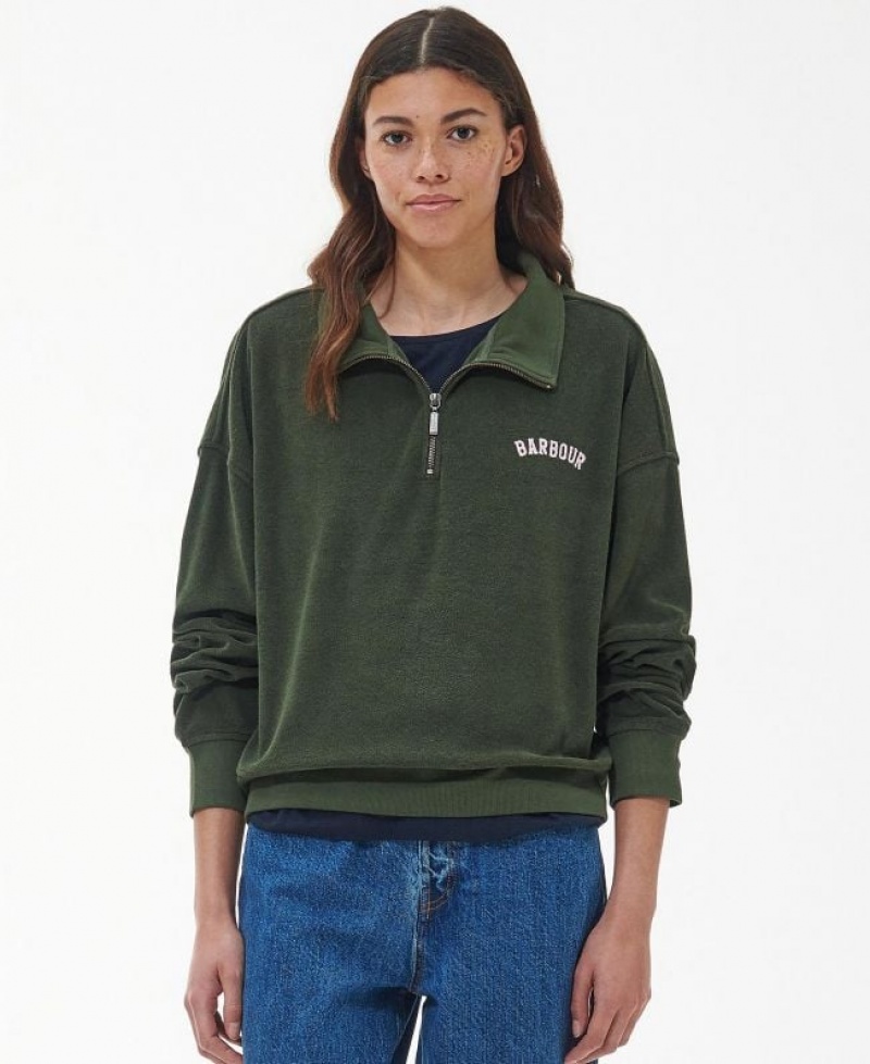 Olive Women Barbour Peak Quarter Zip Sweatshirt | US-7238KGEAU