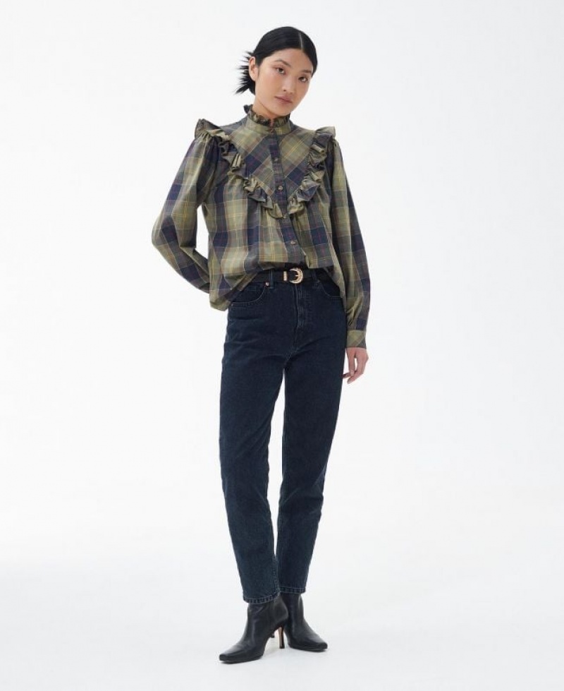 Olive / Navy Women Barbour Holwick Shirts | US-9124DJVPU