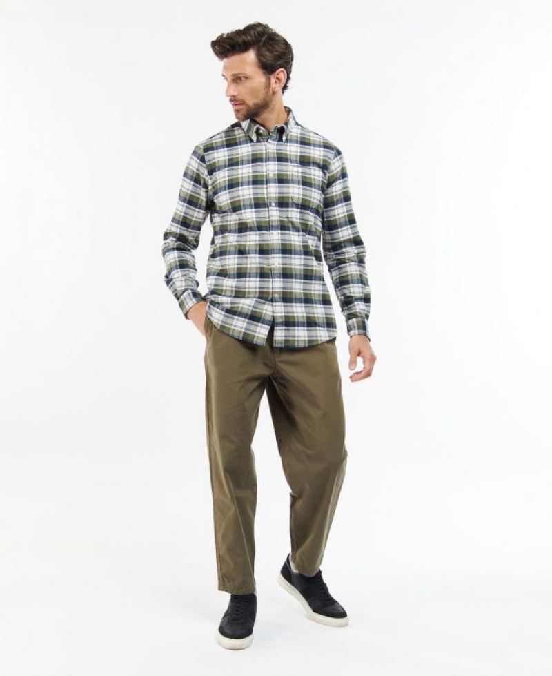 Olive / White / Navy Men Barbour Stonewell Tailored Fit Shirts | US-7236YOEDB