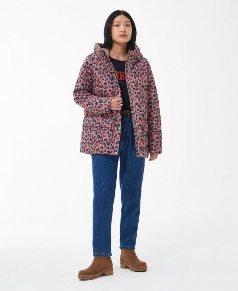 Pink / Navy Women Barbour Printed Bracken Quilted Jacket | US-7031WZJFS