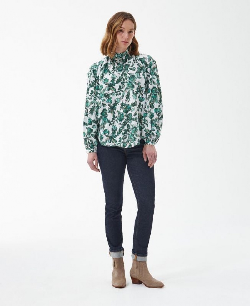 White / Green Women Barbour Yarrow Blouses | US-0987YOKBI