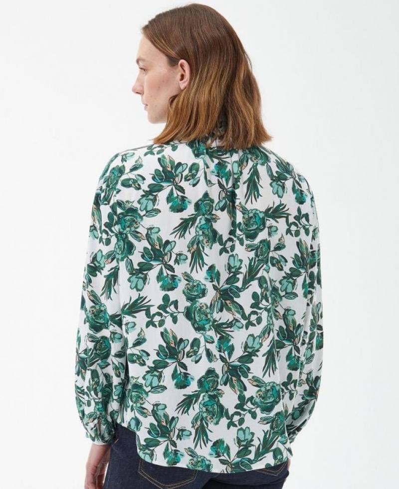 White / Green Women Barbour Yarrow Blouses | US-0987YOKBI