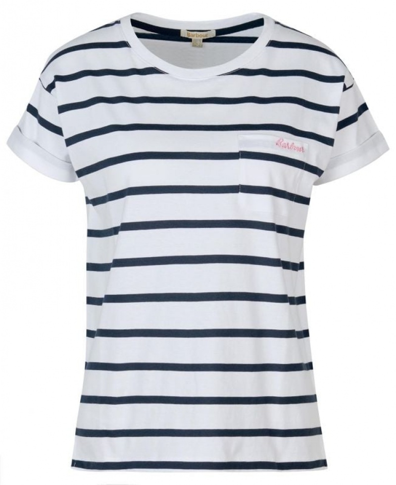 White / Navy Women Barbour Otterburn Stripe T-Shirts | US-7803WGAZB