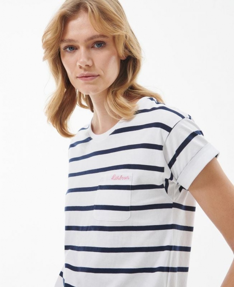 White / Navy Women Barbour Otterburn Stripe T-Shirts | US-7803WGAZB