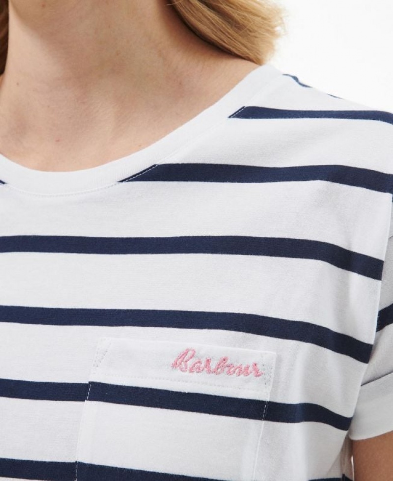 White / Navy Women Barbour Otterburn Stripe T-Shirts | US-7803WGAZB