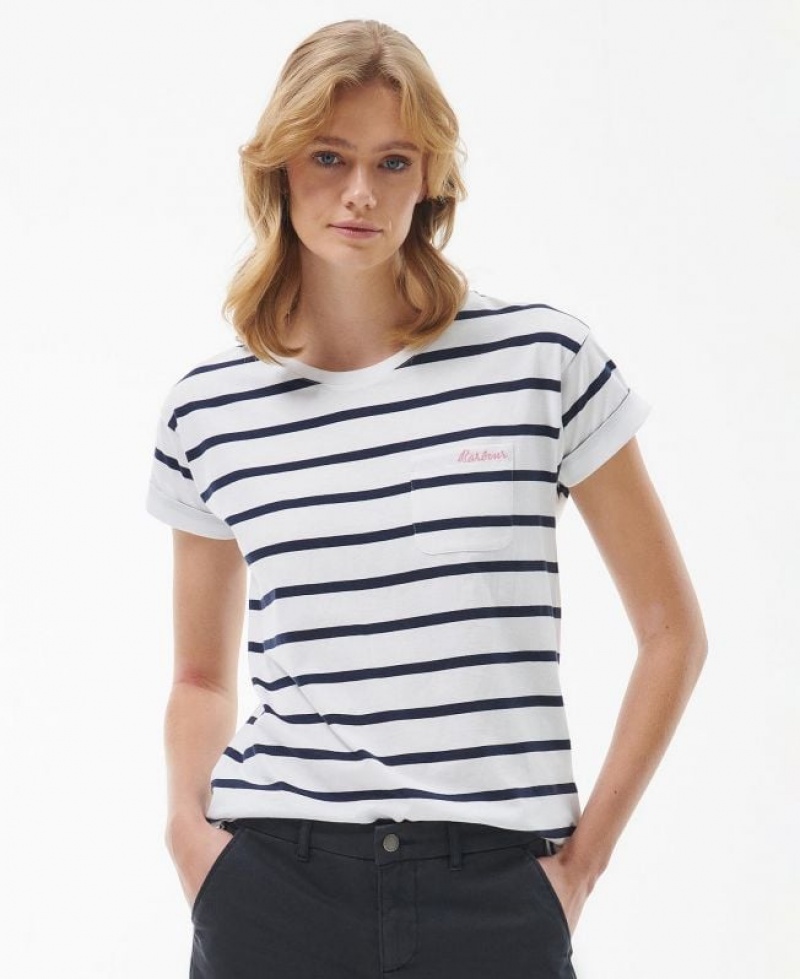 White / Navy Women Barbour Otterburn Stripe T-Shirts | US-7803WGAZB