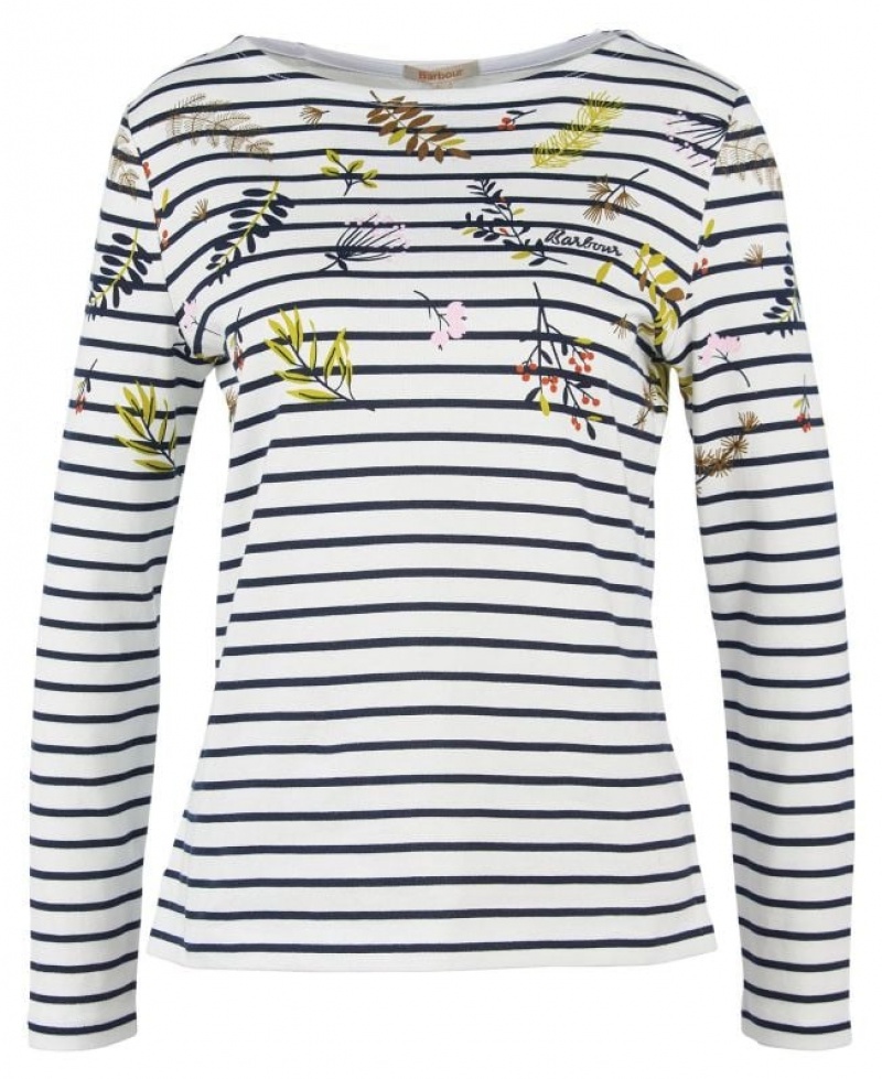 White / Navy / Green Women Barbour Hawkins Print T-Shirts | US-8392BAQUM