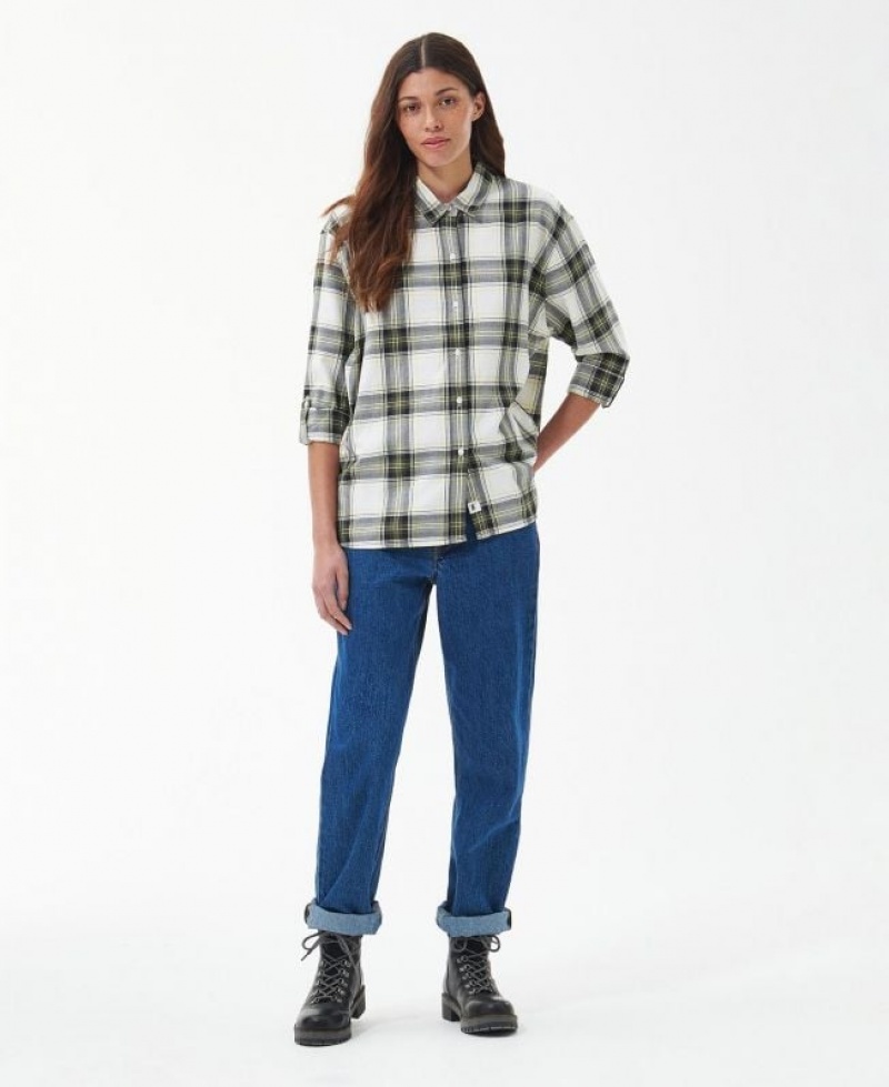 White / Olive Women Barbour Bethwin Shirts | US-1267EWYGA