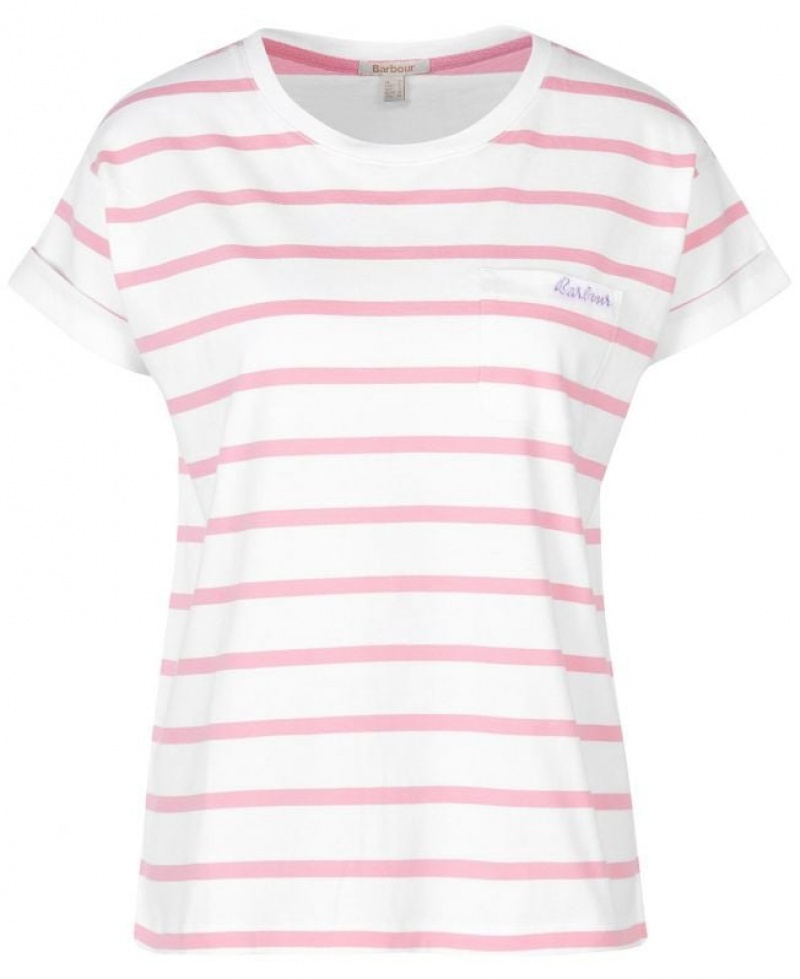 White / Rose Women Barbour Otterburn Stripe T-Shirts | US-3291KLGNO