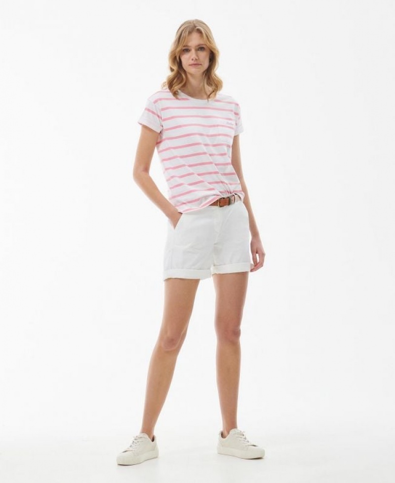 White / Rose Women Barbour Otterburn Stripe T-Shirts | US-3291KLGNO