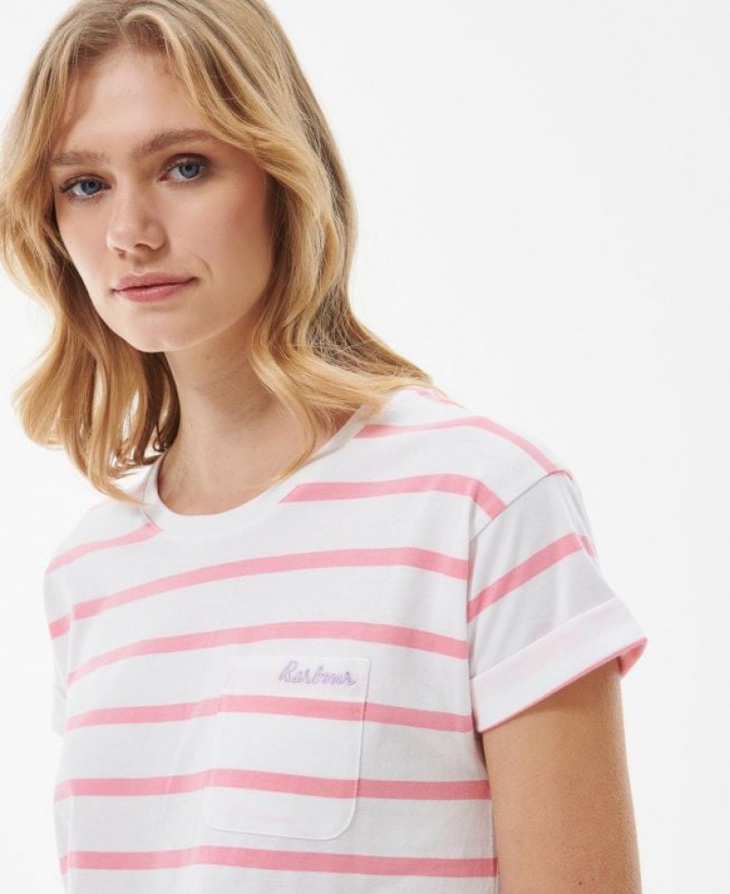 White / Rose Women Barbour Otterburn Stripe T-Shirts | US-3291KLGNO